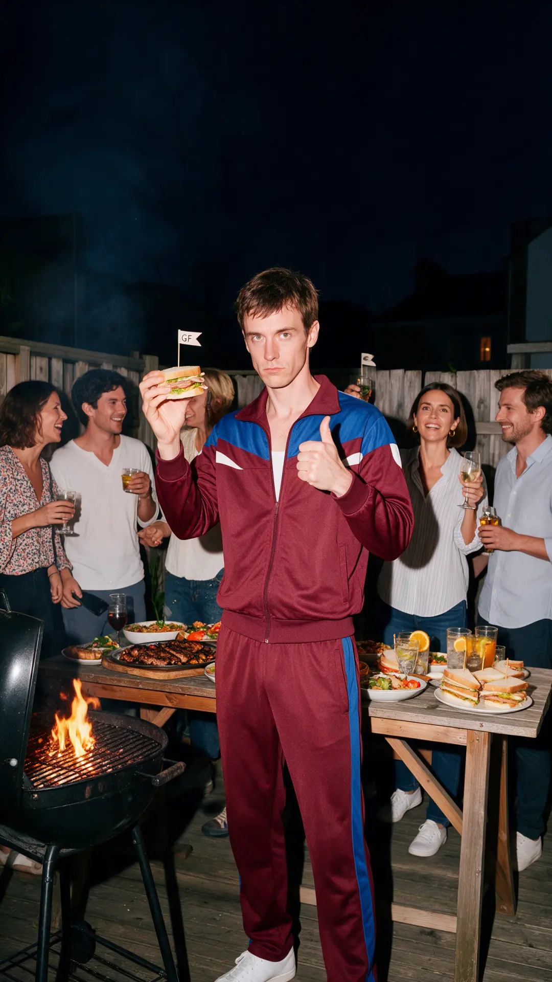 A barbecue at night. Sam, in a tracksuit, gives a thumbs up with his gluten-free sandwich, flagged GF.